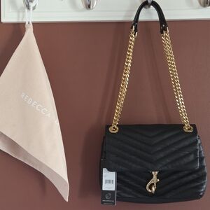 Rebecca Minkoff Edie Flap Shoulder Bag Black Chevron Quilted Leather Gold Chain